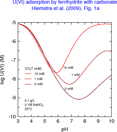 U(VI) remaining in solution after adsorption by ferrihydrite